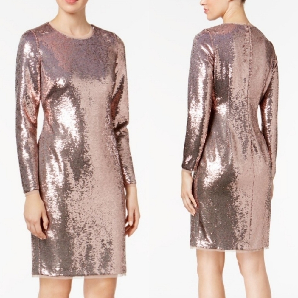 Calvin klein metallic rose gold sequin formal midi dress